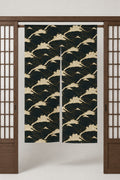 Green Cloud Noren Curtain 'Midorikumo' – dark green noren with cream wave crests in rows, split Japanese noren door curtain hung on a rod between sliding screens, studio view