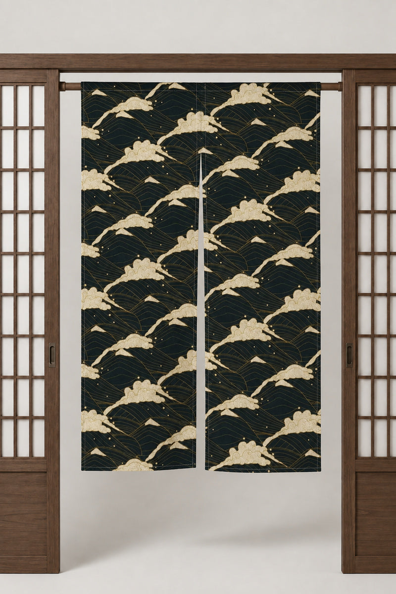 Green Cloud Noren Curtain 'Midorikumo' – dark green noren with cream wave crests in rows, split Japanese noren door curtain hung on a rod between sliding screens, studio view