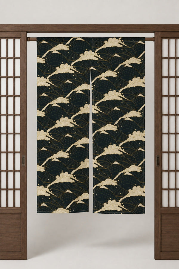 Green Cloud Noren Curtain 'Midorikumo' – dark green noren with cream wave crests in rows, split Japanese noren door curtain hung on a rod between sliding screens, studio view
