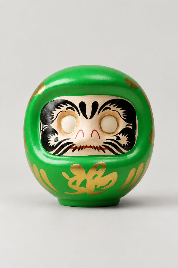 Green Daruma Doll 'Sachi' – green matte ceramic daruma doll with blank eyes to paint and a gold character on the belly, Japanese wishing doll, studio view