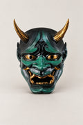 Green Hannya Mask 'Aohannya' – green painted resin hannya mask with gold horns, eyes and teeth, Japanese Noh demon mask, studio view