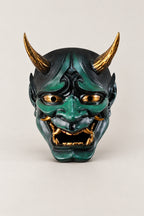 Green Hannya Mask 'Aohannya' – green painted resin hannya mask with gold horns, eyes and teeth, Japanese Noh demon mask, studio view