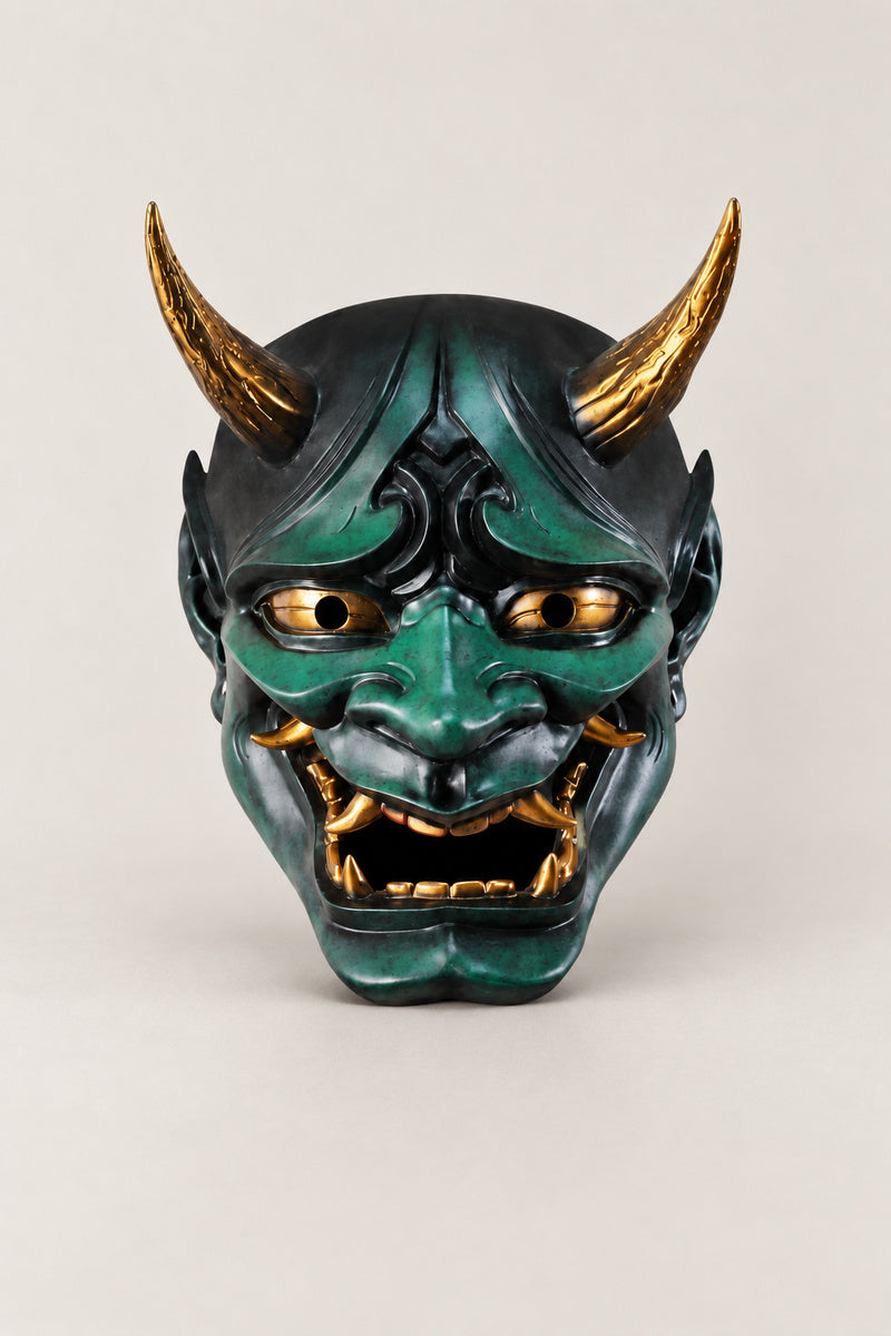 Green Hannya Mask 'Aohannya' – green painted resin hannya mask with gold horns, eyes and teeth, Japanese Noh demon mask, studio view