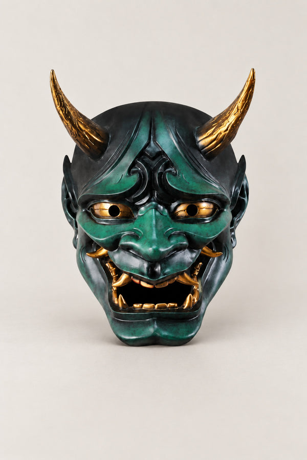 Green Hannya Mask 'Aohannya' – green painted resin hannya mask with gold horns, eyes and teeth, Japanese Noh demon mask, studio view