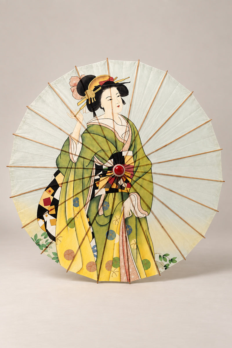 Green Kimono Portrait Umbrella 'Aobijin' – pale parasol printed with a standing woman in green kimono with patterned obi in ukiyo-e style, Japanese wagasa parasol with wooden frame and paper-effect canopy, open, studio view