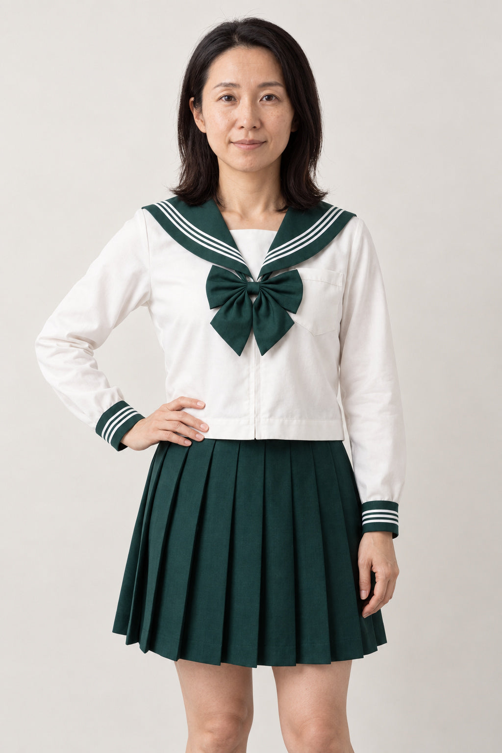 Green Sailor Collar Uniform 'Tokiwa' – white long sleeve sailor top with green collar and bow and green pleated skirt, Japanese school uniform seifuku set, sailor top and pleated skirt, front view on model