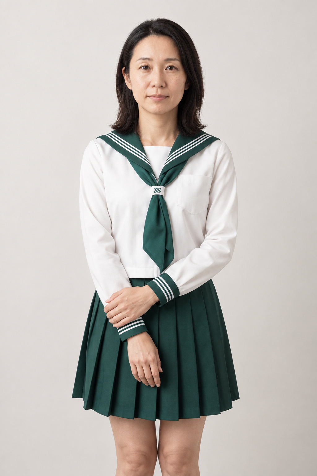 Green Sailor Collar Uniform 'Tokiwa' – green sailor uniform with scarf tie variant, Japanese seifuku set, front view on model