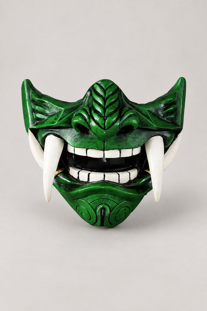 Green Samurai Menpo Mask 'Ryokumen' – green painted latex samurai half mask with fanged grin and leaf-veined nose, Japanese samurai menpo half mask, studio view