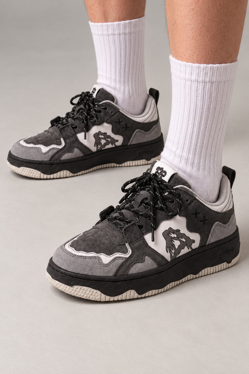 Grey Dragon Skate Sneakers 'Haiiro' – grey suede-look skate sneakers with white dragon line panel and cream sole, Japanese streetwear sneakers worn with white socks, on model