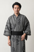 Grey Dragon Stripe Yukata 'Ryumon' – grey striped men's yukata with tonal dragon print and black obi belt, Japanese kimono robe, front view on model