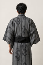 Grey Dragon Stripe Yukata 'Ryumon' – back view of grey dragon stripe men's yukata with obi