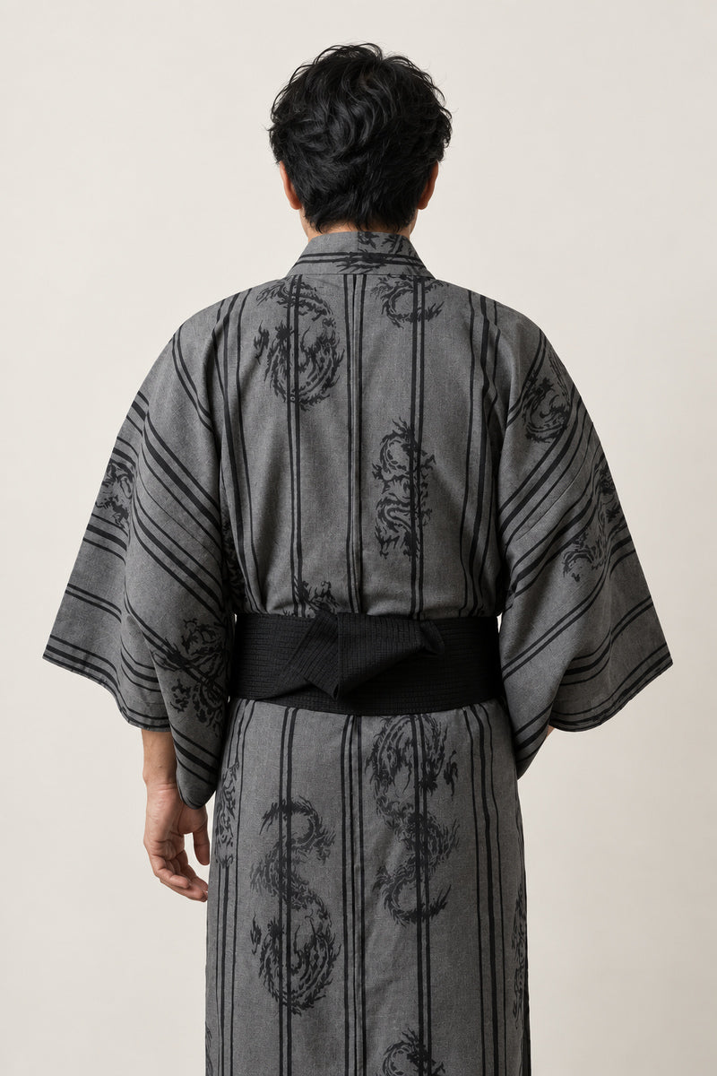 Grey Dragon Stripe Yukata 'Ryumon' – back view of grey dragon stripe men's yukata with obi