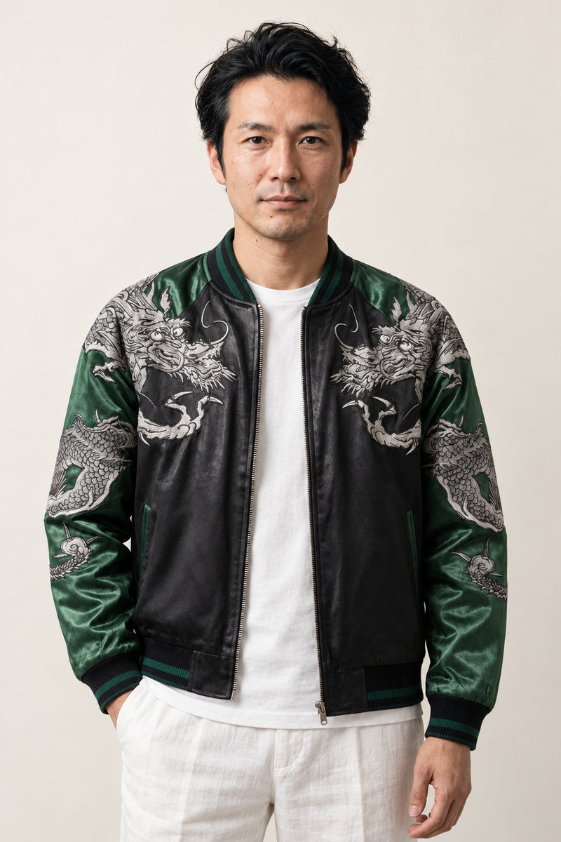 Grey Green Dragon Souvenir Jacket 'Rokusho' – black and green sukajan with silver embroidered dragon, Japanese sukajan souvenir bomber jacket, front view on model