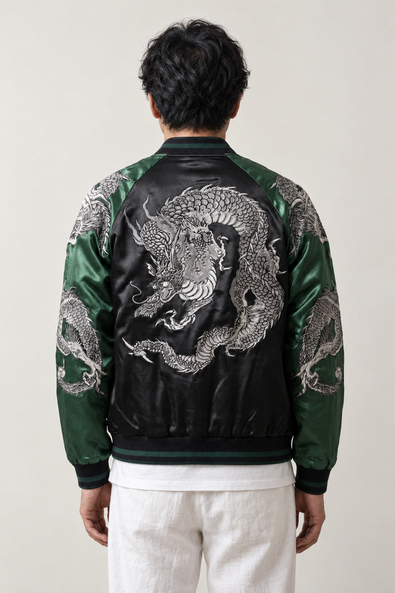 Grey Green Dragon Souvenir Jacket 'Rokusho' – back view of the black and green version, silver embroidered dragon on the back
