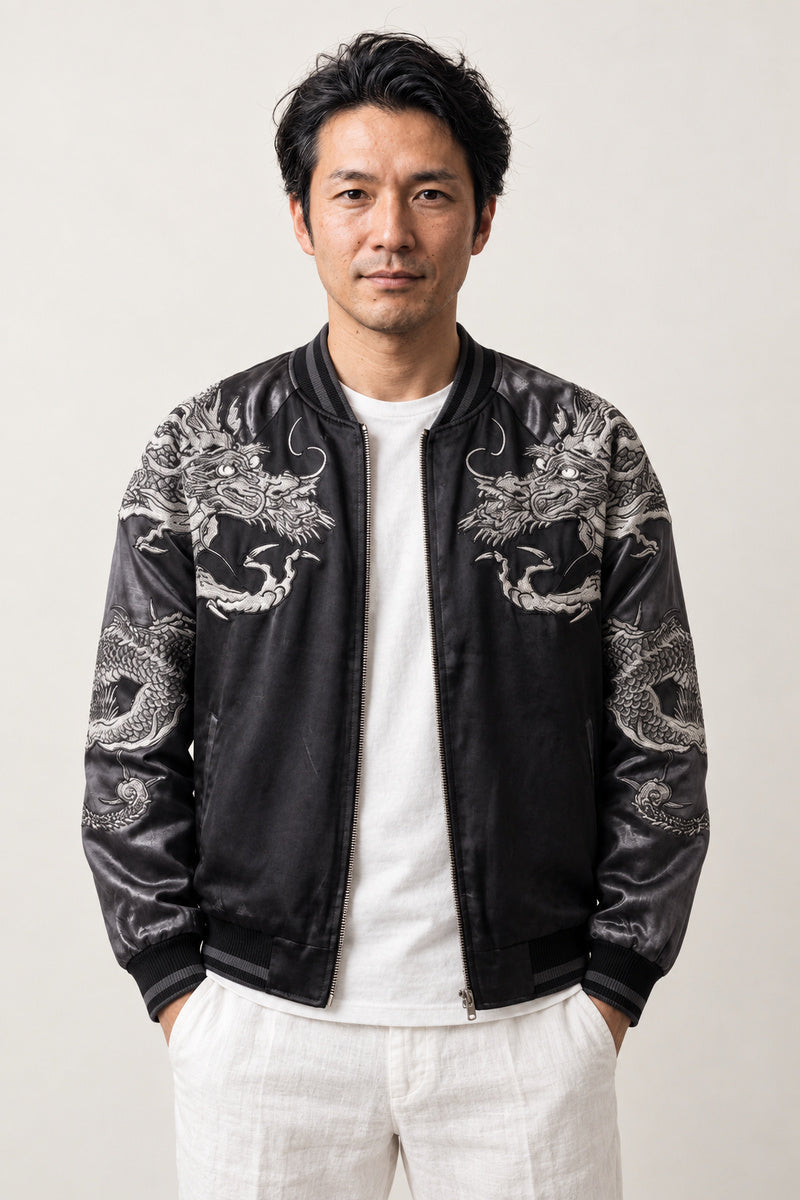 Grey Green Dragon Souvenir Jacket 'Rokusho' – black and grey version, sukajan with silver embroidered dragon, front view on model