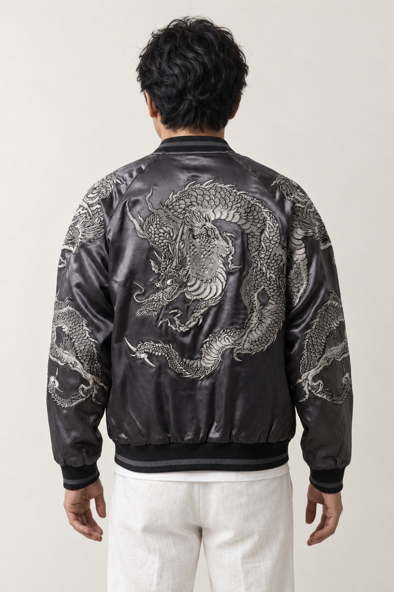 Grey Green Dragon Souvenir Jacket 'Rokusho' – back view of the black and grey version, silver embroidered dragon on the back
