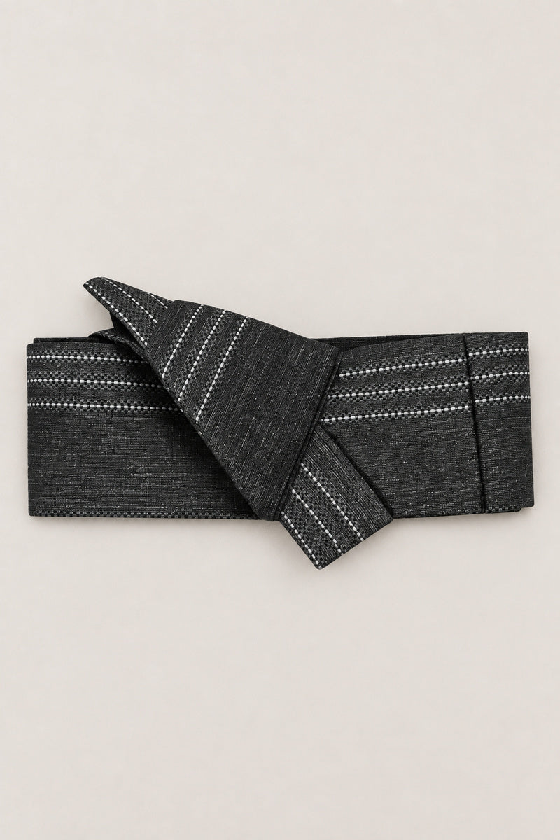 Grey Kimono Obi Belt 'Usunezu' – grey obi belt with white dotted stripes, narrow pre-tied Japanese obi belt with sewn knot and hidden adjustable closure, for kimono, yukata or jinbei, studio view