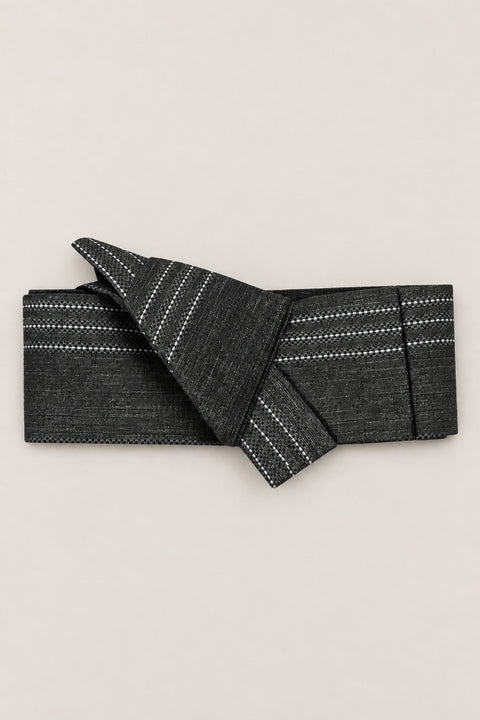Grey Kimono Obi Belt 'Usunezu' – grey obi belt with white dotted stripes, narrow pre-tied Japanese obi belt with sewn knot and hidden adjustable closure, for kimono, yukata or jinbei, studio view