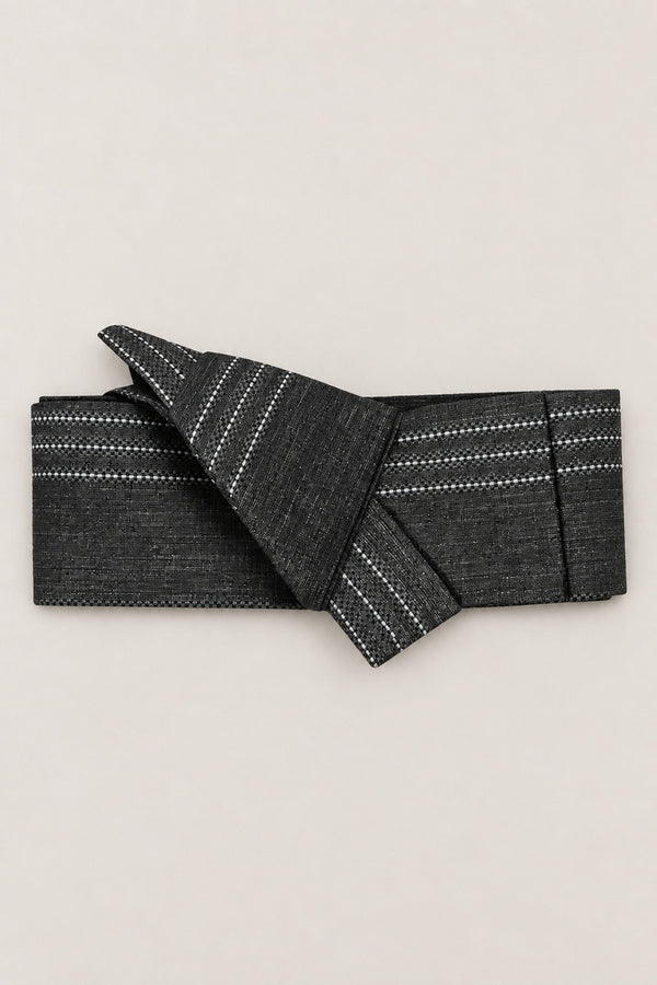 Grey Kimono Obi Belt 'Usunezu' – grey obi belt with white dotted stripes, narrow pre-tied Japanese obi belt with sewn knot and hidden adjustable closure, for kimono, yukata or jinbei, studio view