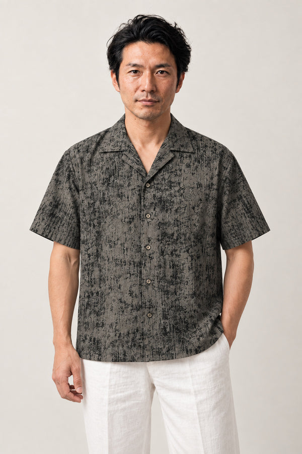 Grunge Print Camp Collar Shirt 'Sabi' – dark grey short sleeve camp collar shirt with grunge texture print, Japanese streetwear camp collar shirt, front view on model