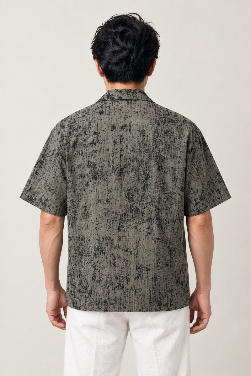 Grunge Print Camp Collar Shirt 'Sabi' – back view of the grey grunge print camp collar shirt