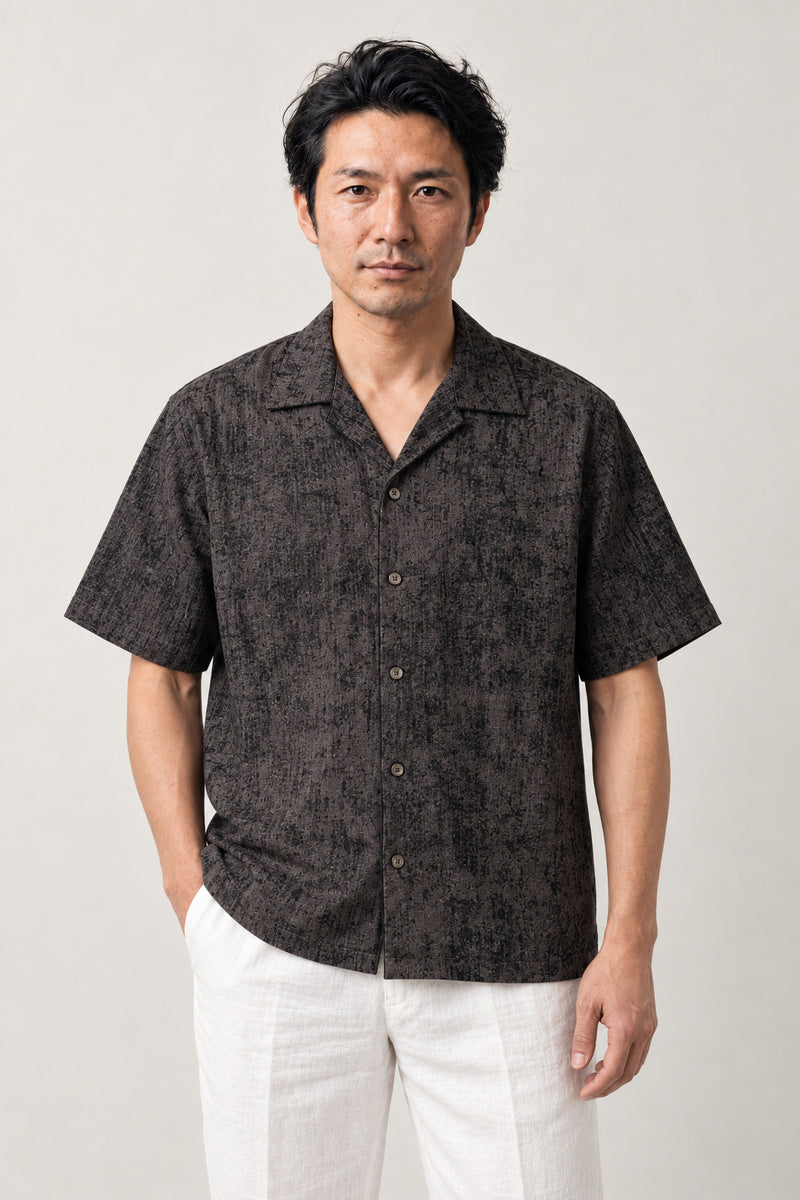 Grunge Print Camp Collar Shirt 'Sabi' – brown version of the grunge print camp collar shirt, front view on model