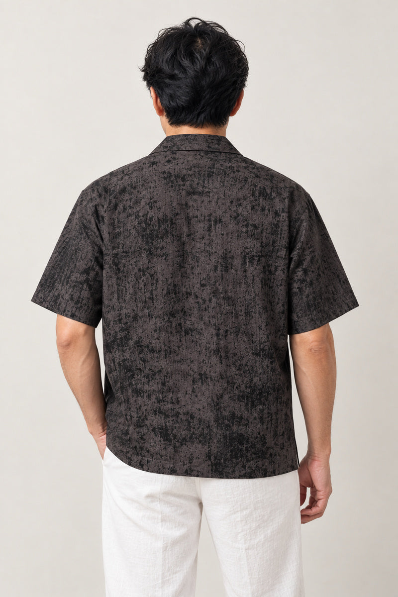 Grunge Print Camp Collar Shirt 'Sabi' – back view of the brown grunge print camp collar shirt