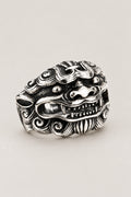 Guardian Lion Ring 'Komainu' – stainless steel guardian lion head ring with open mouth and curled mane, Japanese komainu shishi ring, studio view