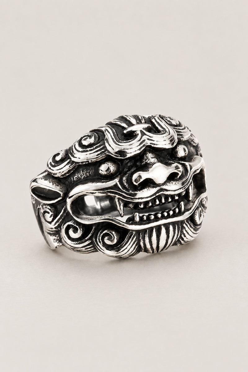 Guardian Lion Ring 'Komainu' – stainless steel guardian lion head ring with open mouth and curled mane, Japanese komainu shishi ring, studio view