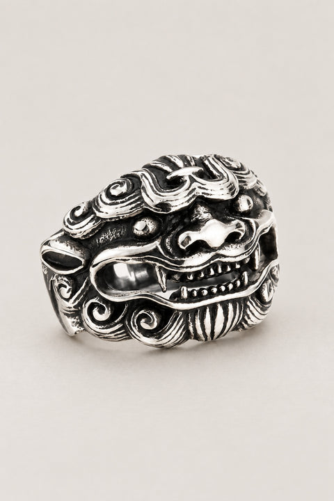 Guardian Lion Ring 'Komainu' – stainless steel guardian lion head ring with open mouth and curled mane, Japanese komainu shishi ring, studio view