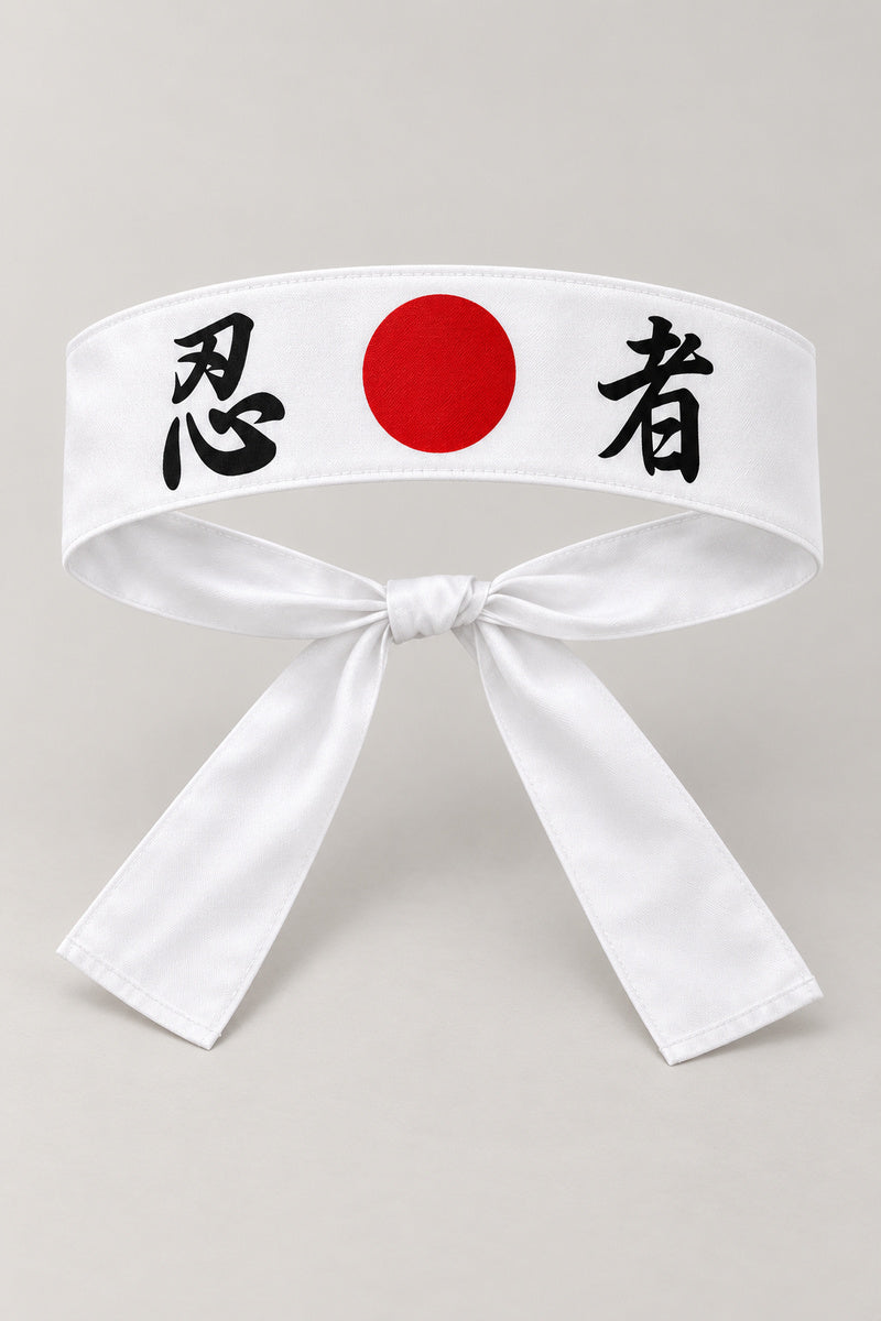 Hachimaki – white Japanese hachimaki headband with red sun and the kanji for ninja, studio view