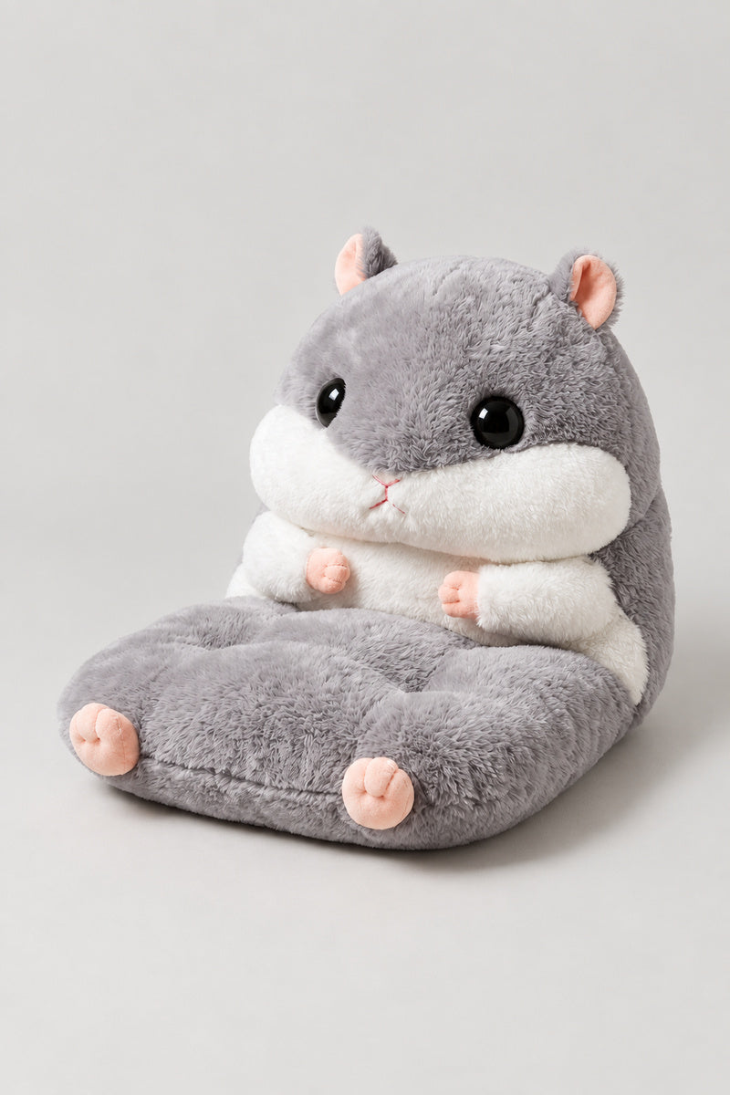 Hamster Kids Seat Cushion 'Hamusuke' – grey plush hamster seat cushion with back and paw armrests, kawaii Japanese children's chair cushion, studio view