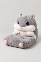 Hamster Kids Seat Cushion 'Hamusuke' – grey plush hamster seat cushion with back and paw armrests, kawaii Japanese children's chair cushion, studio view