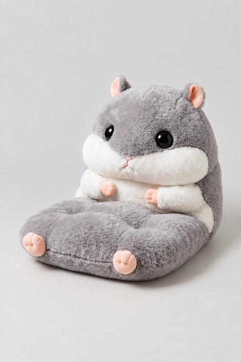 Hamster Kids Seat Cushion 'Hamusuke' – grey plush hamster seat cushion with back and paw armrests, kawaii Japanese children's chair cushion, studio view