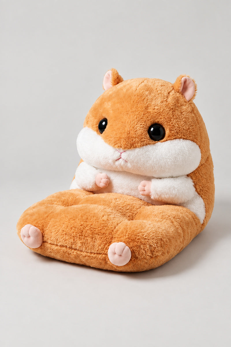 Hamster Kids Seat Cushion 'Hamusuke' – orange plush hamster seat cushion with back and paw armrests, kawaii Japanese children's chair cushion, studio view