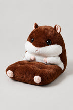 Hamster Kids Seat Cushion 'Hamusuke' – brown plush hamster seat cushion with back and paw armrests, kawaii Japanese children's chair cushion, studio view