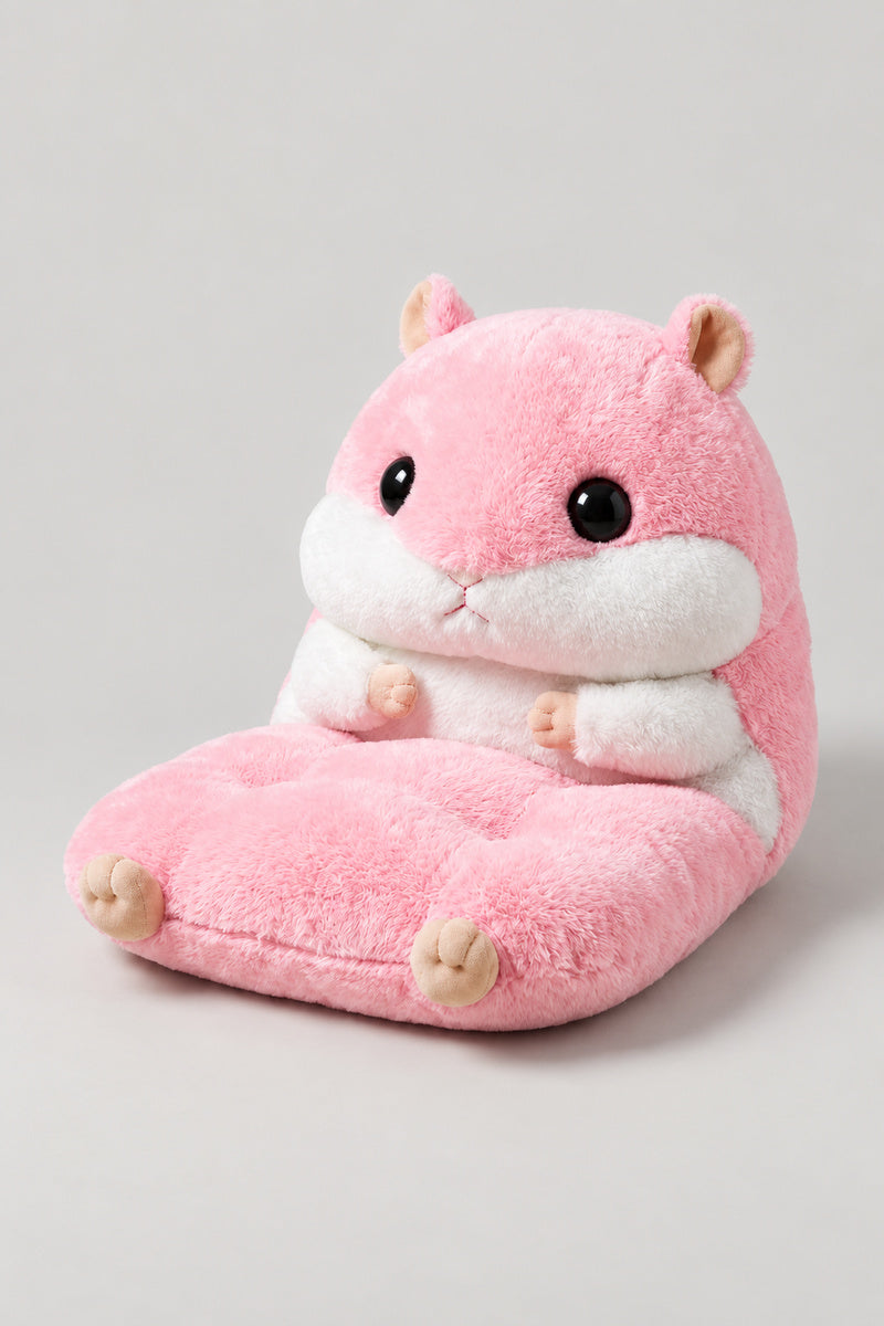 Hamster Kids Seat Cushion 'Hamusuke' – pink plush hamster seat cushion with back and paw armrests, kawaii Japanese children's chair cushion, studio view
