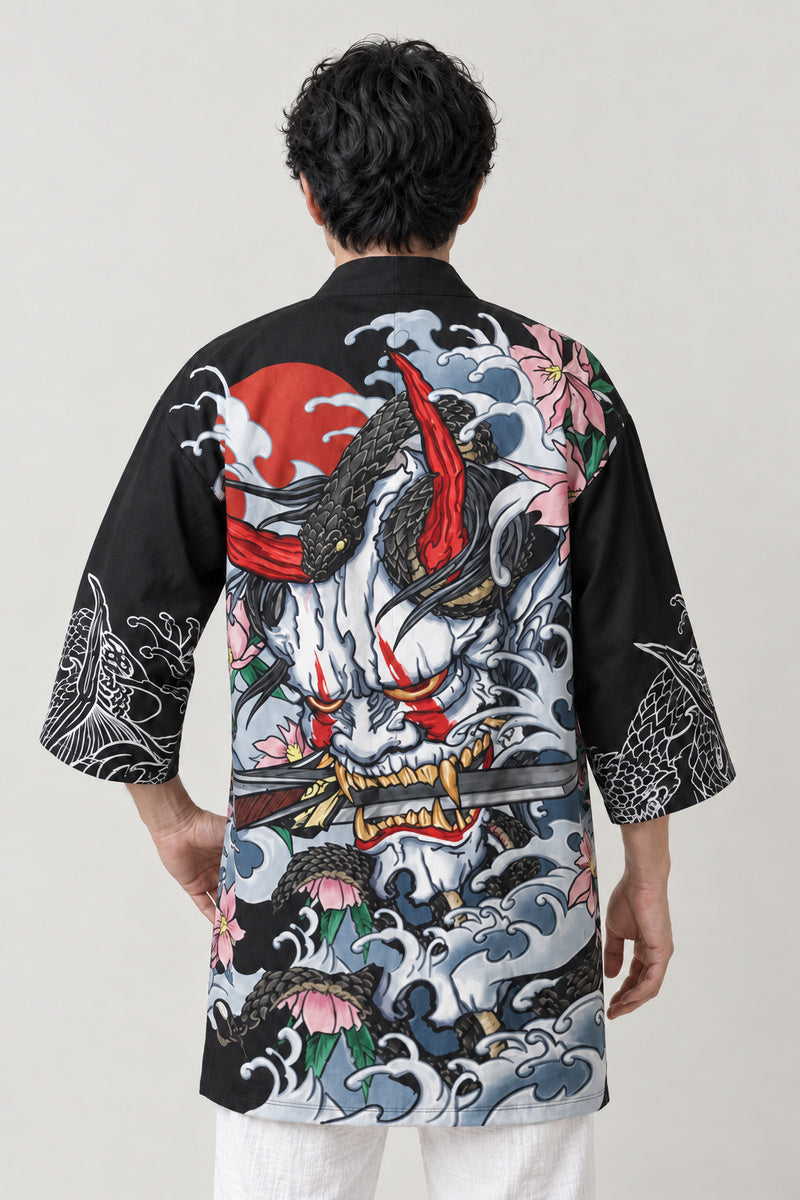 Hannya Mask Happi Coat 'Onryo' – back view of black happi coat showing the red hannya demon mask, dragon and waves print