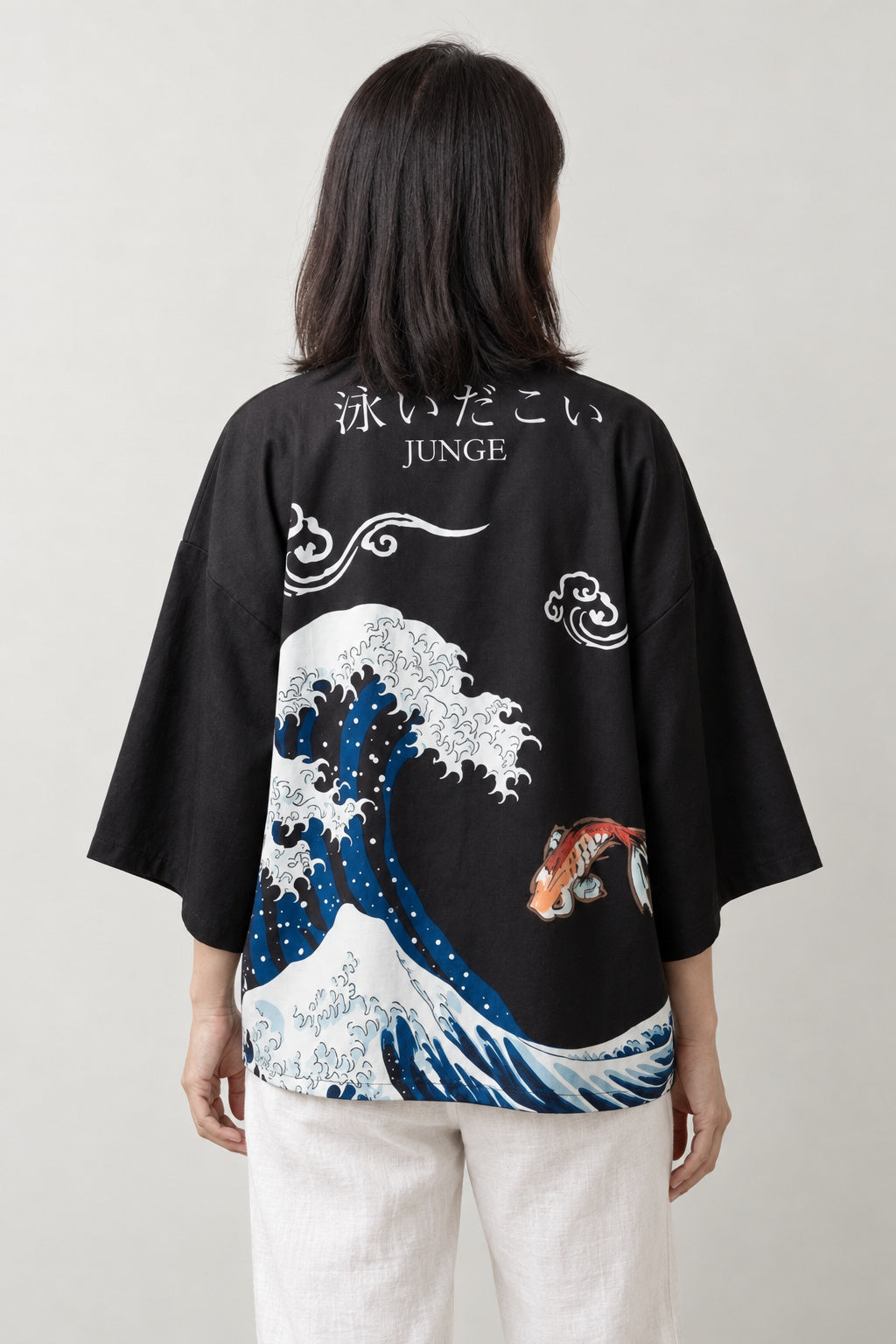 Hokusai Wave Kimono Jacket 'Okinami' – back view of black kimono jacket showing the great wave off Kanagawa print and koi