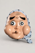 Hyottoko Mask 'Hifuki' – glossy hyottoko clown mask with puckered mouth, squinting eye and blue spotted scarf, Japanese festival mask, studio view