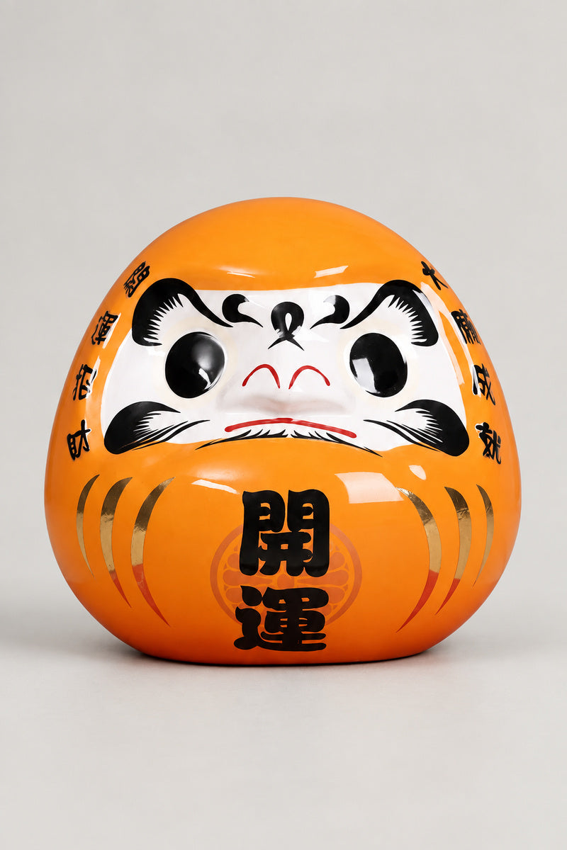 Imperial Orange Daruma Figure 'Sumeragi' – orange glossy ceramic daruma doll with both eyes painted, gold streaks and the kanji for opening luck on the belly, Japanese good luck doll, studio view