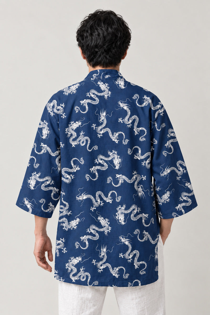 Indigo Dragon Pattern Happi 'Koryu' – back view of indigo happi coat with repeating white dragon pattern