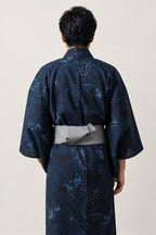 Indigo Foliage Kimono 'Konoha' – back view of indigo foliage print men's kimono with obi
