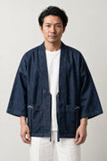 Indigo Kimono Style Denim Jacket 'Konpeki' – dark indigo denim kimono jacket with patch pockets and front tie, Japanese kimono cut jean jacket, unisex, front view on model