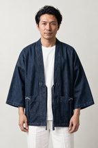 Indigo Kimono Style Denim Jacket 'Konpeki' – dark indigo denim kimono jacket with patch pockets and front tie, Japanese kimono cut jean jacket, unisex, front view on model