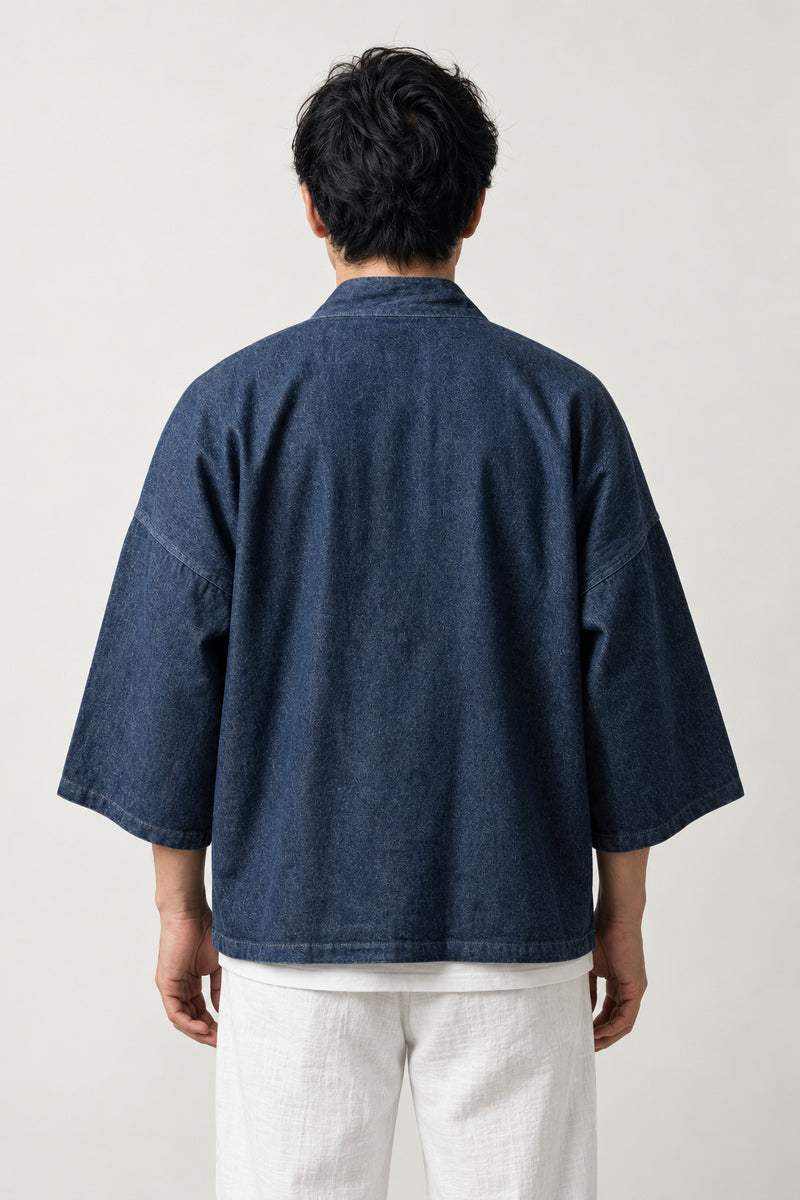 Indigo Kimono Style Denim Jacket 'Konpeki' – back view of indigo denim kimono style jacket, Japanese streetwear denim haori
