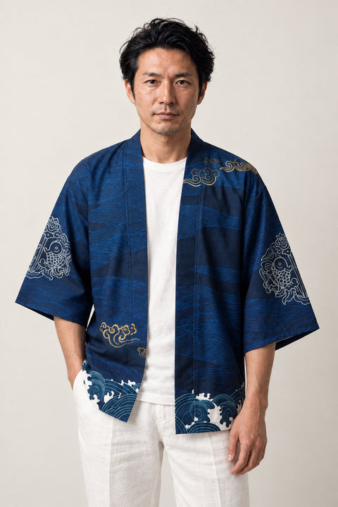 Indigo Streetwear Haori Jacket 'Konjo' – indigo blue streetwear haori jacket with wave print at the hem, unisex Japanese kimono style cardigan, front view on model