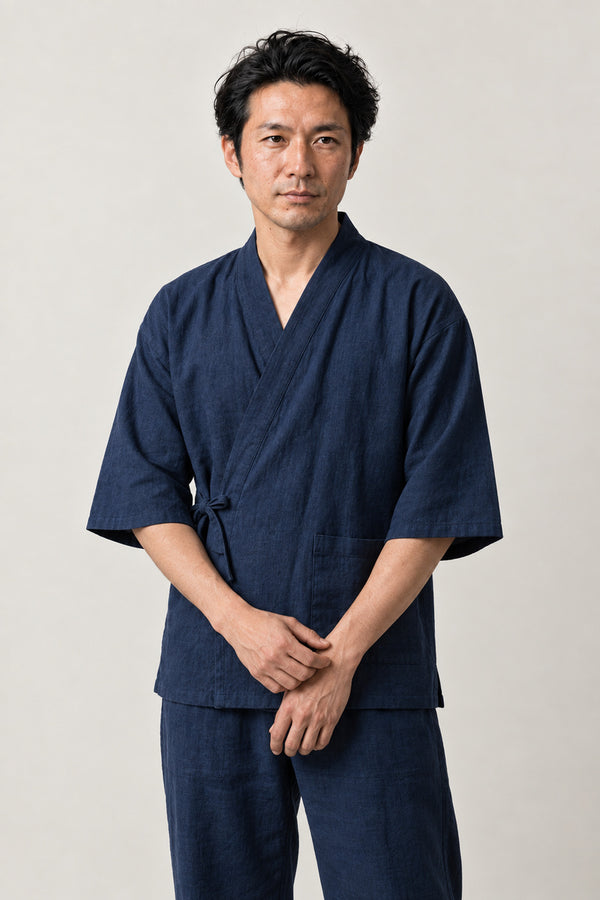 Indigo Summer Jinbei 'Rurikon' – indigo blue summer jinbei, unisex Japanese loungewear two-piece Japanese jinbei set with side-tie top and shorts, front view on model