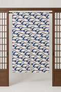 Indigo Wave Split Curtain 'Konami' – cream noren with small indigo waves in tight rows, split Japanese noren door curtain hung on a rod between sliding screens, studio view