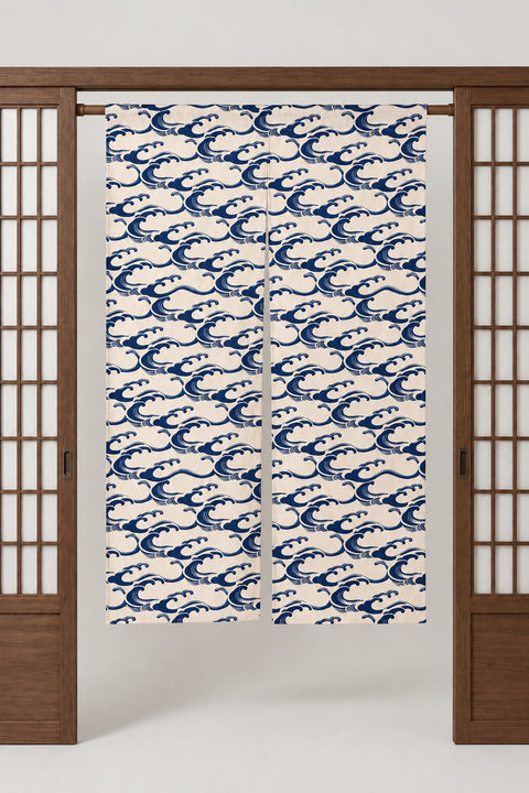 Indigo Wave Split Curtain 'Konami' – cream noren with small indigo waves in tight rows, split Japanese noren door curtain hung on a rod between sliding screens, studio view